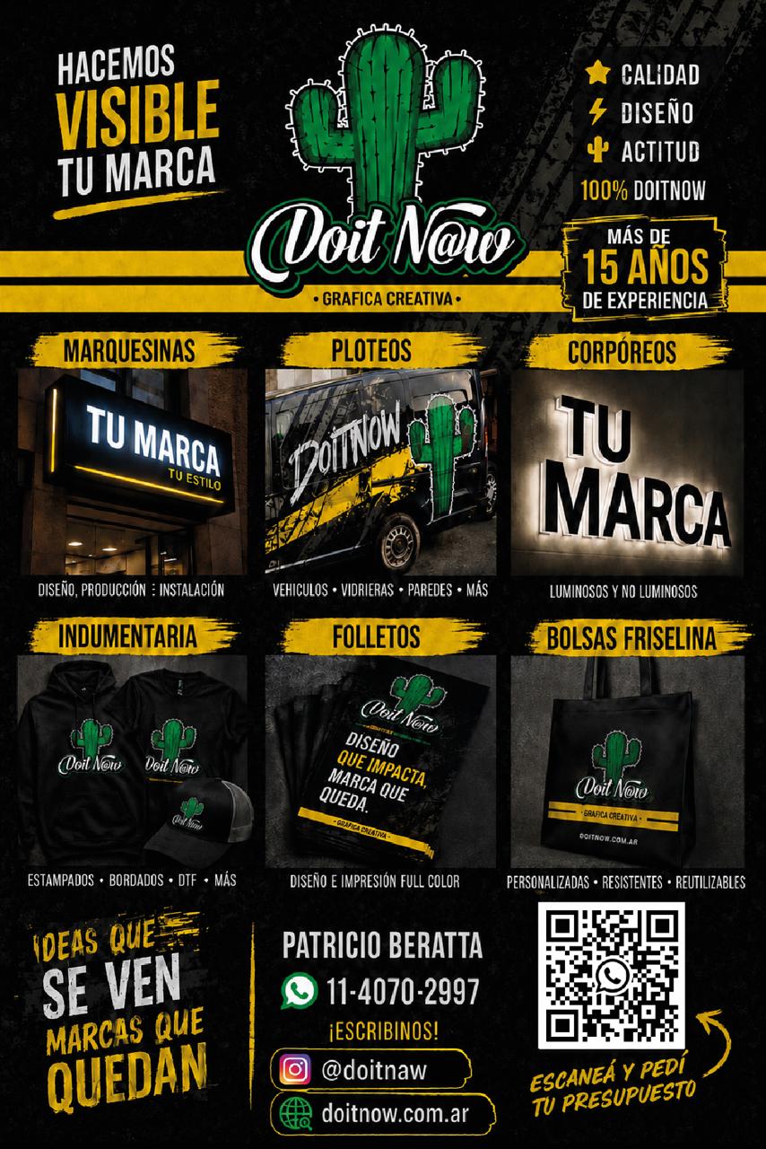 Doitnow, gráfica creativa. Marquesinas, ploteos, corpóreos, indumentaria, folletos y bolsas de friselina. Contactanos al 11-4070-2997.